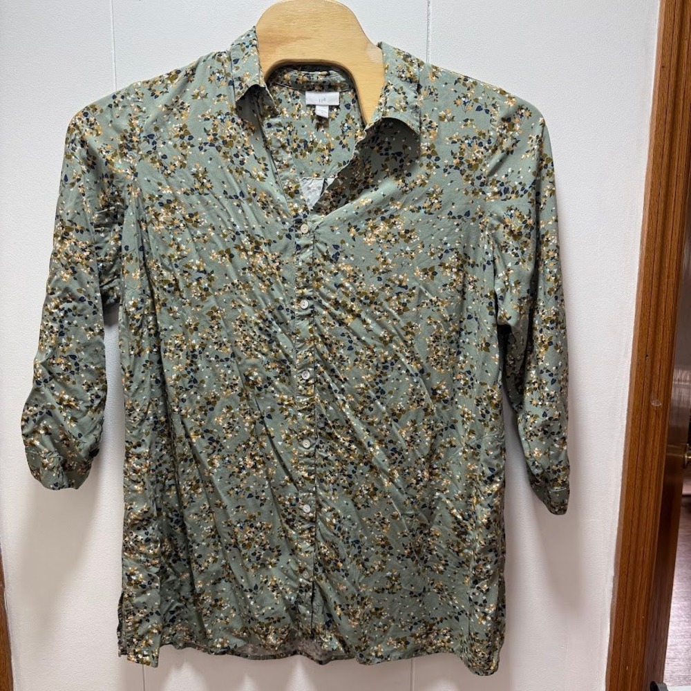 J. Jill Sage Green Floral Button Down Shirt 3/4 Sleeve Rayon Blouse XL RN 97641